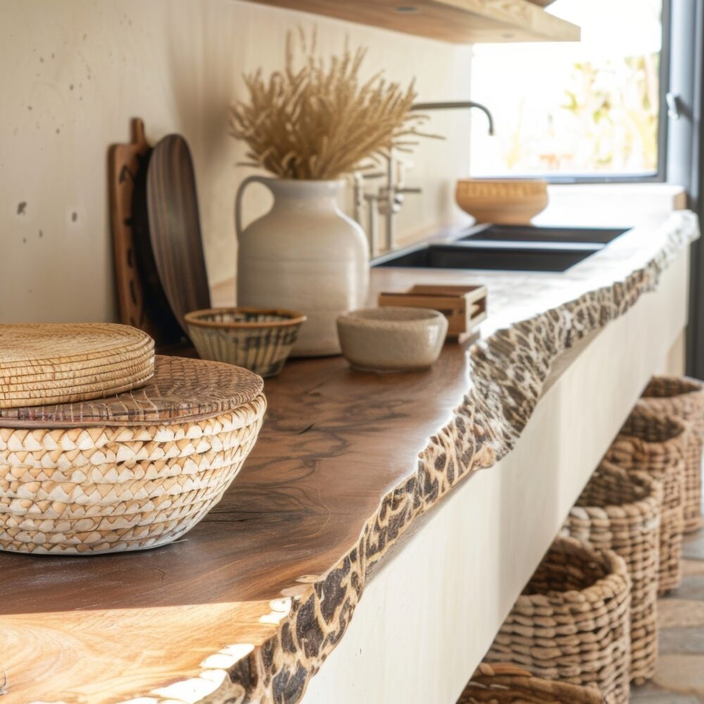 A minimalist beach house kitchen with a focus on natural materials including a live edge wood countertop woven baskets and stone flooring.