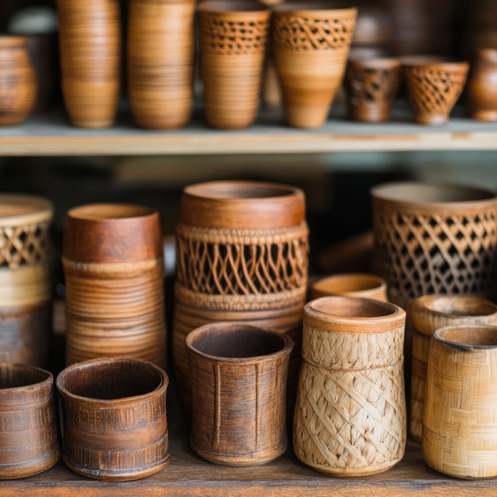Bamboo handicraft products showcasing traditional craftsmanship and diverse designs arranged on shelves in a vibrant market setting.