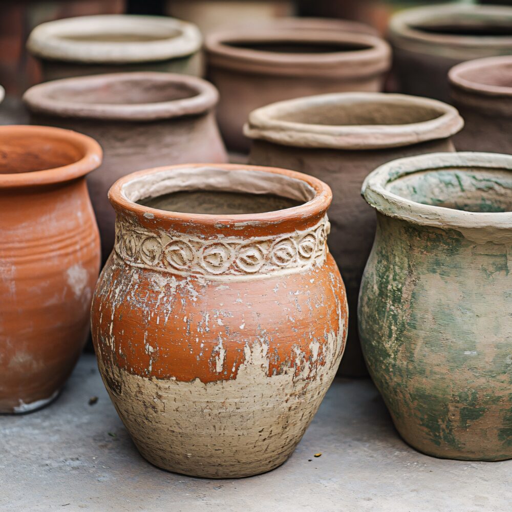 Display of various handmade clay pots, showcasing earthy textures and colors, highlighting traditional craftsmanship