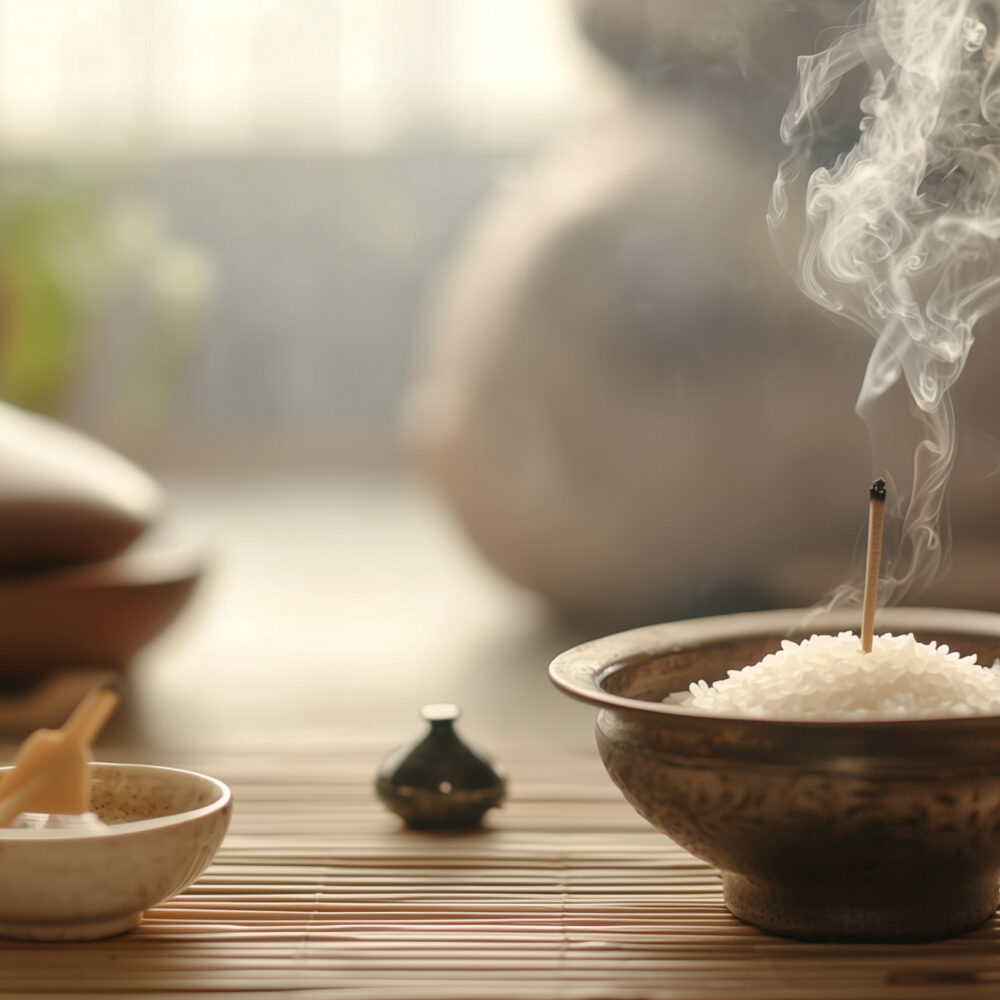 Incense Burner with Smoke Surrounded by Jade and Rice Bowl