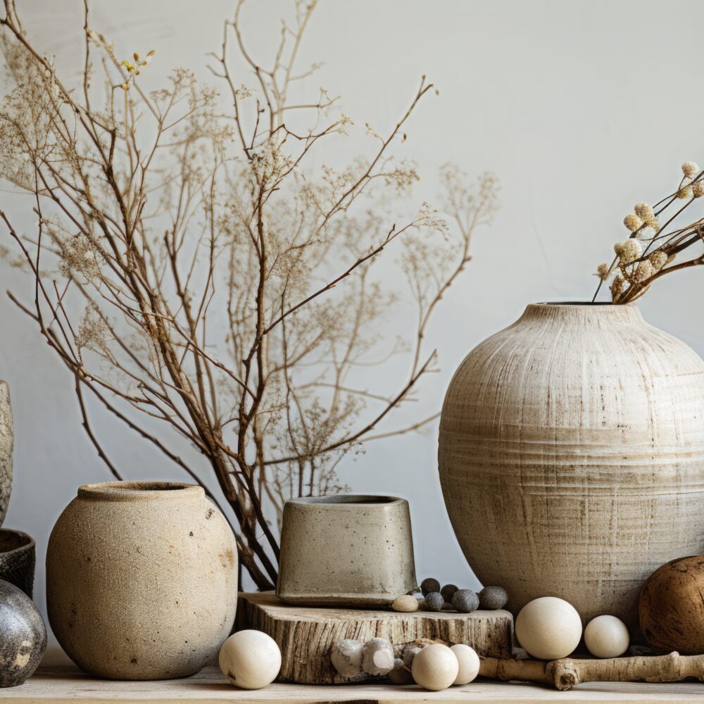 A set of materials used in Organic Modern decor. Close-ups of organic decorative materials, accent textures and neutral backgrounds. Scandinavian or Japandi style
