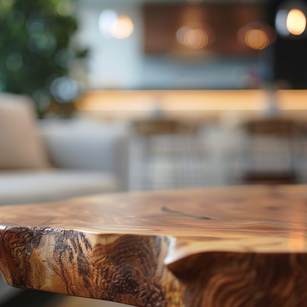 modern living room with live edge wooden coffee table and blurred sofa background close up of luxury furniture and natural lifestyle concept elegant home decor and interior design