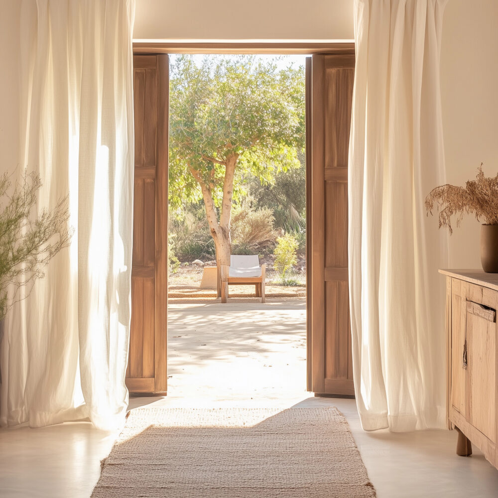 Bright mediterranean-style entryway open wooden doors sunlight neutral decor natural materials inviting atmosphere rustic modern farmhouse earthy tones airy hallway boho relaxed vibes backdrop empty